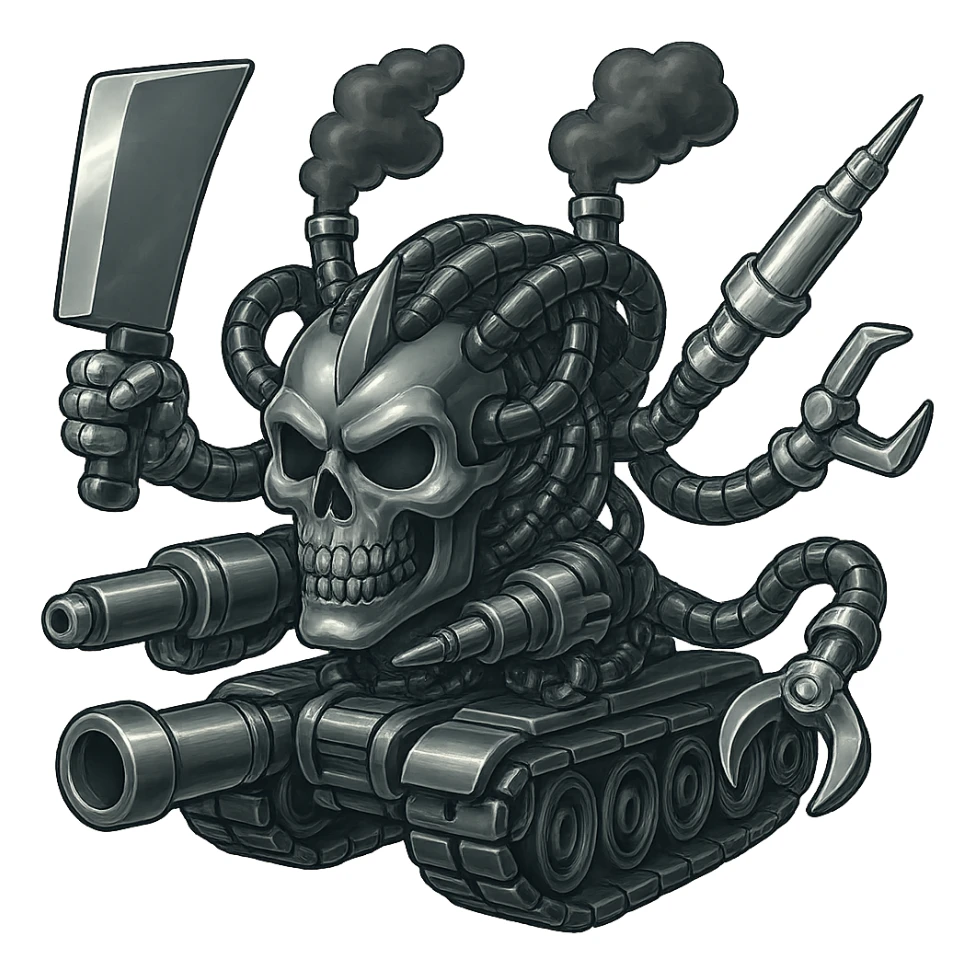 Edit the skull robot tank to have 4 distinct arms, each hand holding a different weapon: a large industrial blade, a blaster, a menacing syringe, and a claw. All exterior metal should be shiny silver grey, inside cables and tech almost black. Smoke from the top is dark shaded smoke. Keep everything else as is, with clean outline, compact proportions, and transparent background in retro stickers style. sticker
