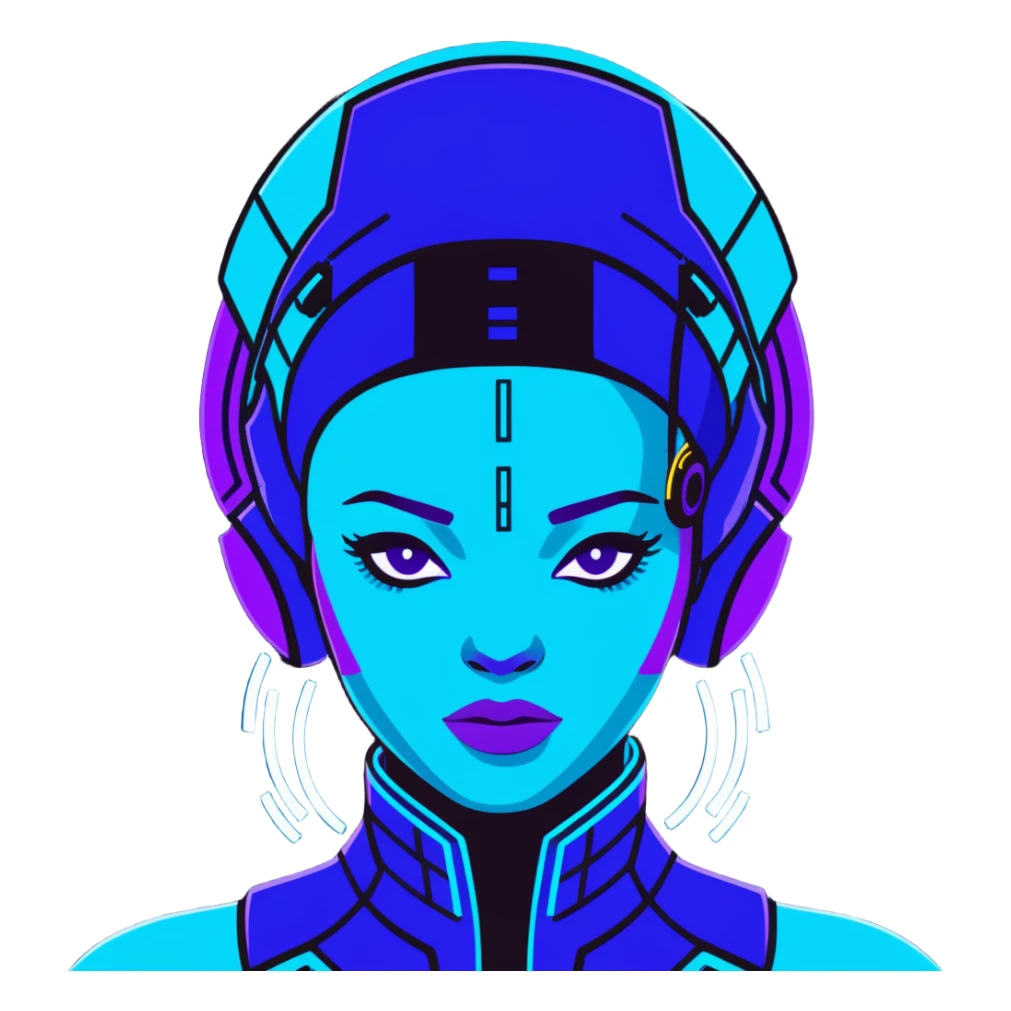 Cyberpunk African female portrait with digital augmentations, electric blue and purple lighting, high-tech headpiece with African pattern elements sticker