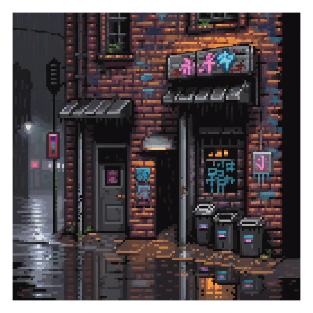 Pixel art background in side-scrolling view, inspired by classic Sega fighting games. Dark urban street in front of an old brick building, with graffiti, broken windows, metal door, trash cans, flickering neon sign, and a streetlamp. Gritty atmosphere, nighttime, subtle rain puddles on the ground. sticker
