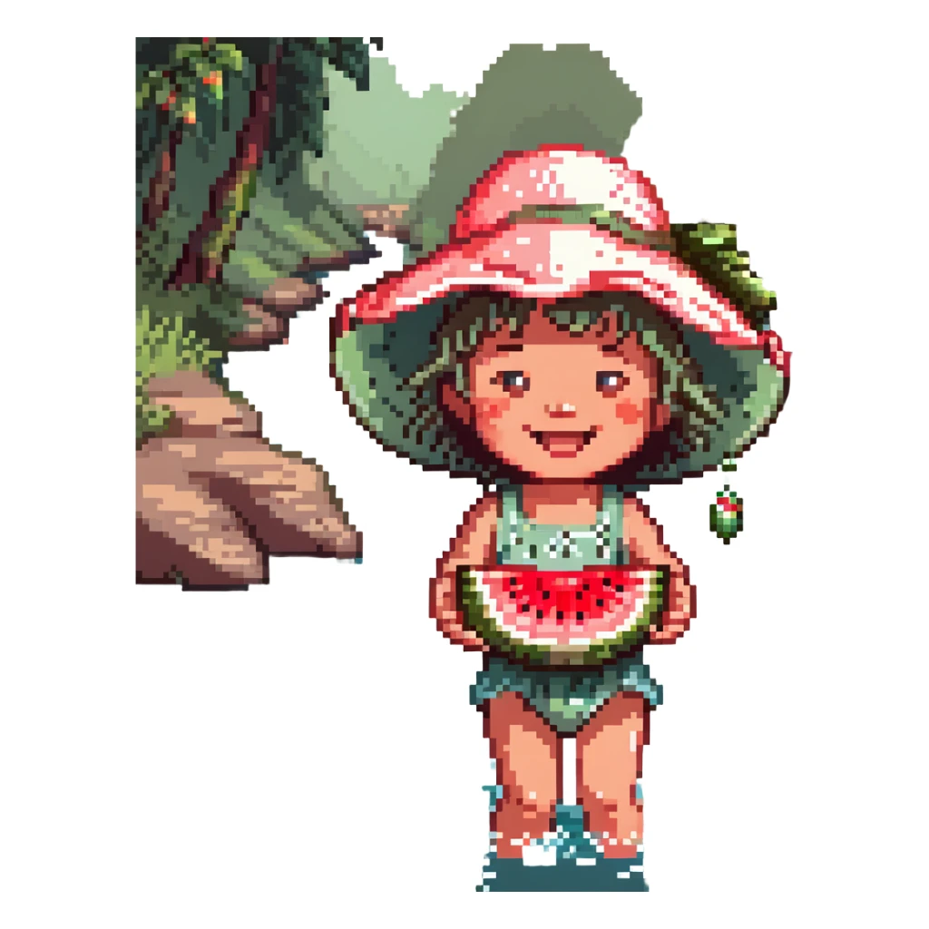 smiling child in oversized sun hat, juicy watermelon slice, playful river splashes, pixel art, sunny summer day sticker
