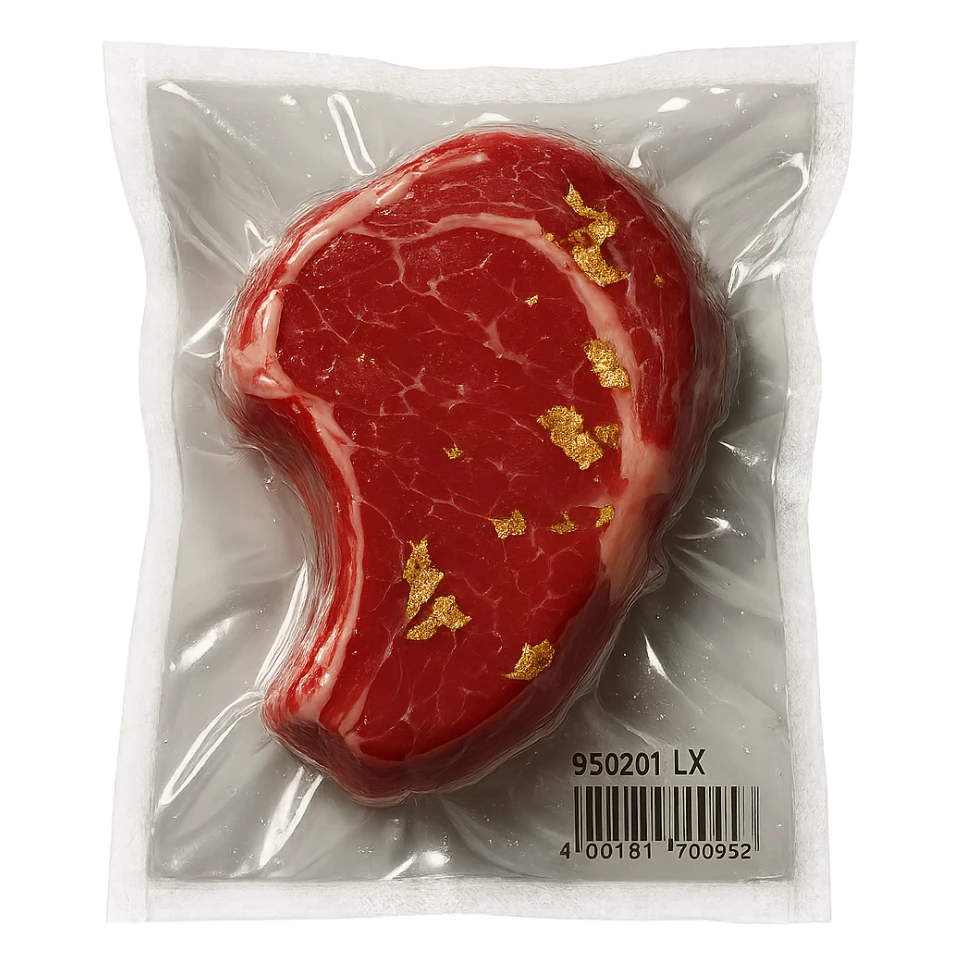 steak with gold leaf accents, glossy and inflated sticker