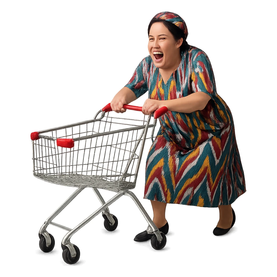 hysterical Uzbek woman with a shopping cart sticker