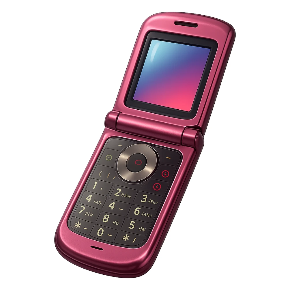 Make this vintage pink razor flip phone look more realistic in a photorealistic style, metallic pink, open to show keypad and screen, no background. sticker