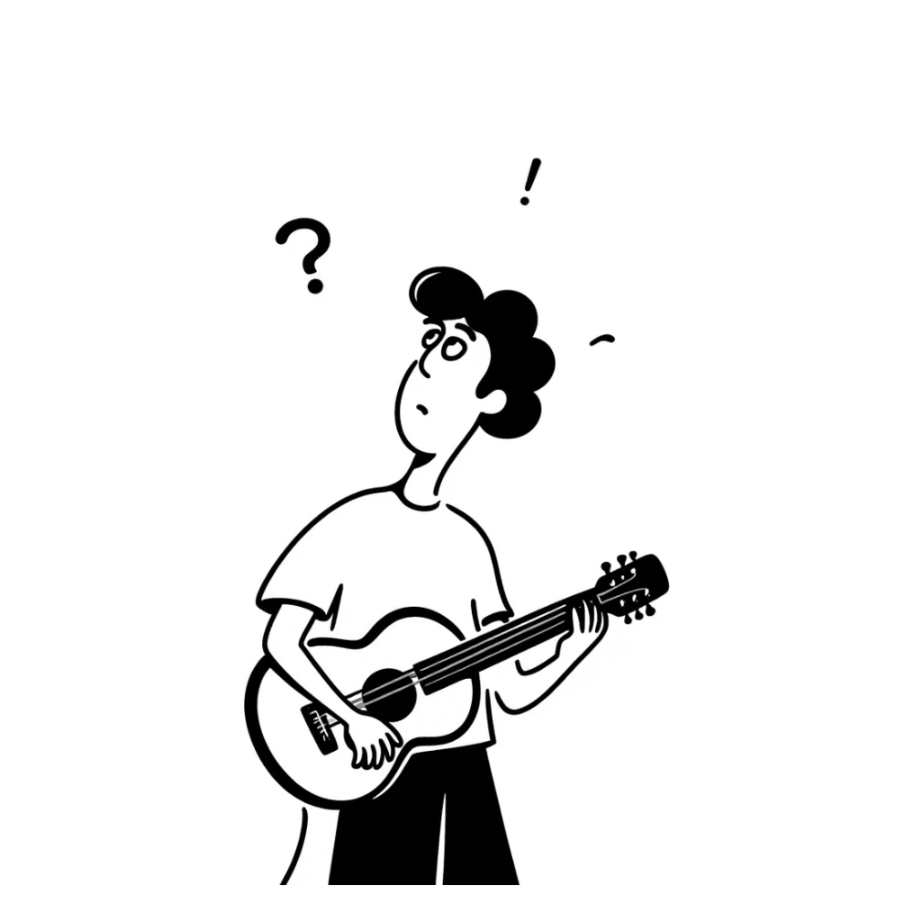 A musician holding a guitar, with a worried expression, looking up at the sky, concerned face, furrowed brow, waiting for an opportunity sticker