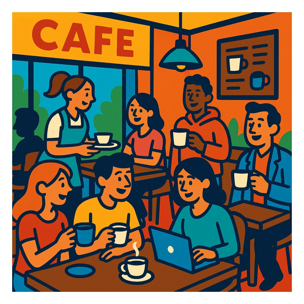 a bustling cafe scene with people, vibrant cartoon style sticker