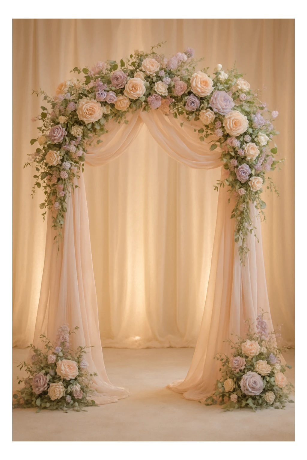 elegant wedding arch with flowers, pastel colors, soft lighting, romantic atmosphere sticker