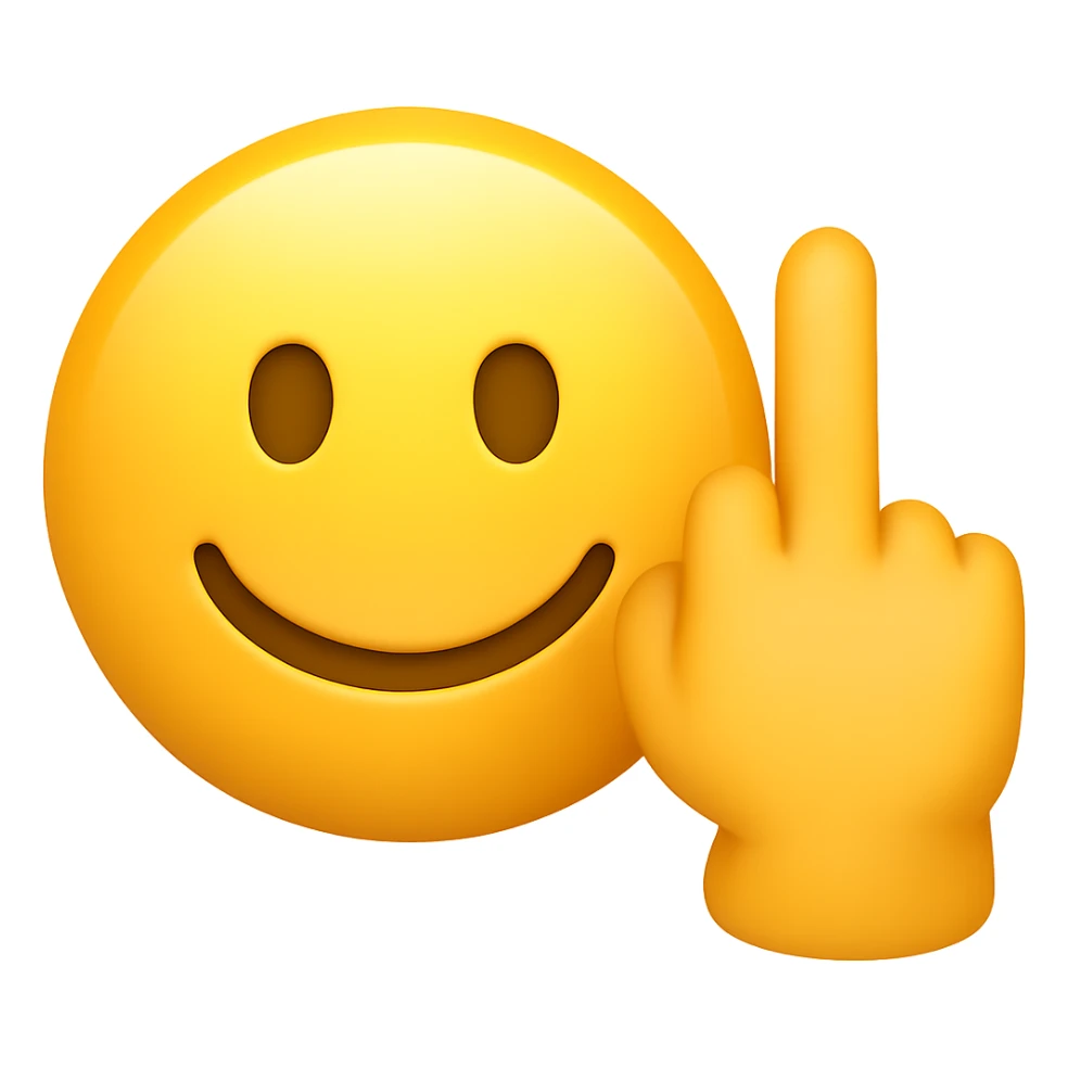 Make the smiley face and middle finger hand look more like a mobile phone emoji, with rounded shapes, glossy finish, and a style similar to standard phone emoji icons, keeping the transparent background. sticker
