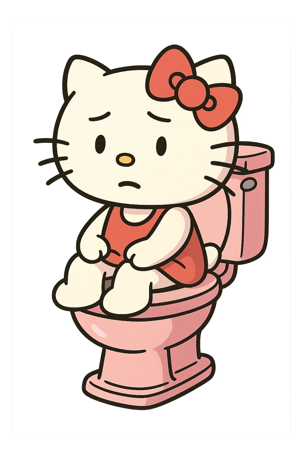 Hello Kitty sitting on a pink toilet, cartoon style sticker