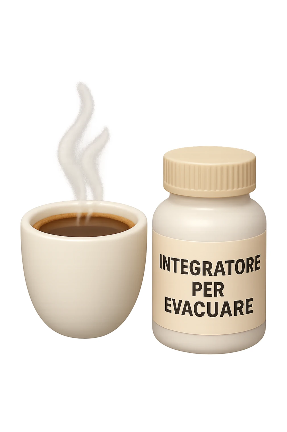 EMOJI STILE IPHONE 3D DI un caffè e di una boccetta di integratore con la scritta "INTEGRATORE PER EVACUARE" SULL'ETICHETTA CHE FLUTTUANO IN ARIA, iperrealistico 4k sticker