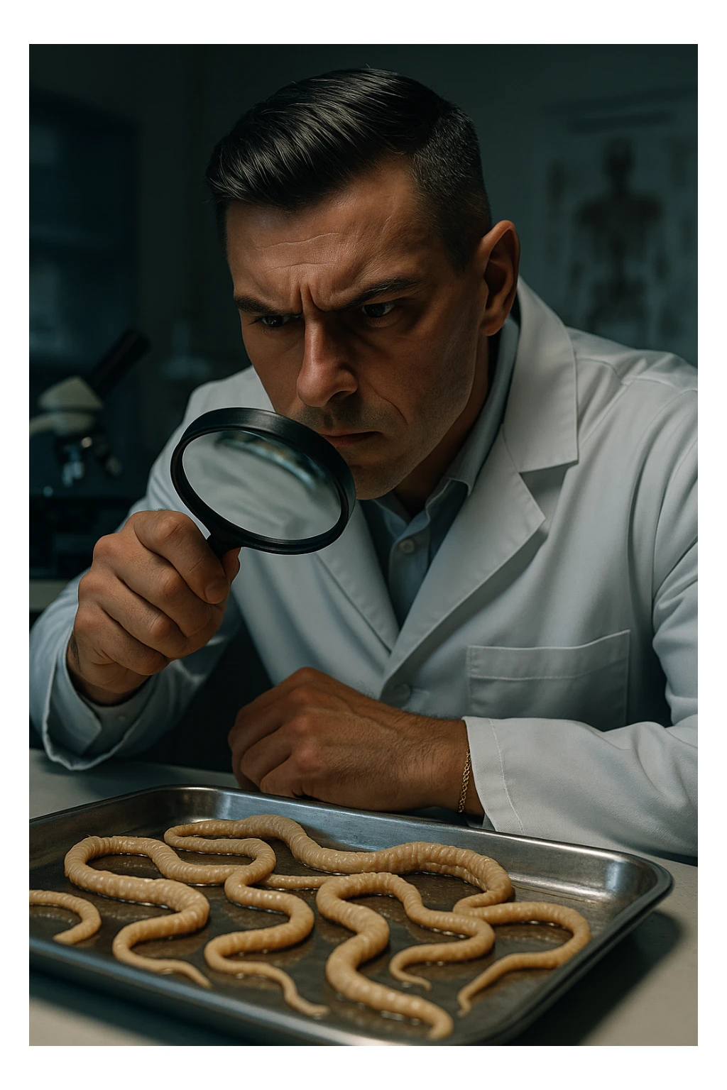 A middle-aged male kinesiologist wearing a pristine white lab coat, intensely analyzing long, beige tapeworms (like Taenia) under a magnifying glass. His expression is focused and slightly concerned, with dramatic studio lighting casting sharp shadows. The parasites are highly detailed, moist, and textured, stretched across a sterile metal tray. The background is blurred but suggests a clinical environment—hints of a microscope, medical charts, and clean lab equipment. The style is hyper-realistic, with a cinematic contrast between the bright white coat and the grotesque, organic forms of the parasites. No sci-fi elements, just raw medical realism with a disturbing edge sticker