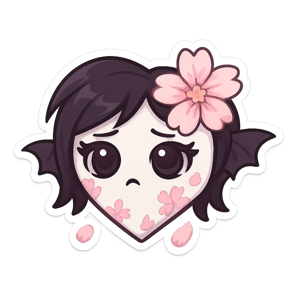 goth sakura heart, white heart with pink cherry blossom petals, cute and dramatic sticker