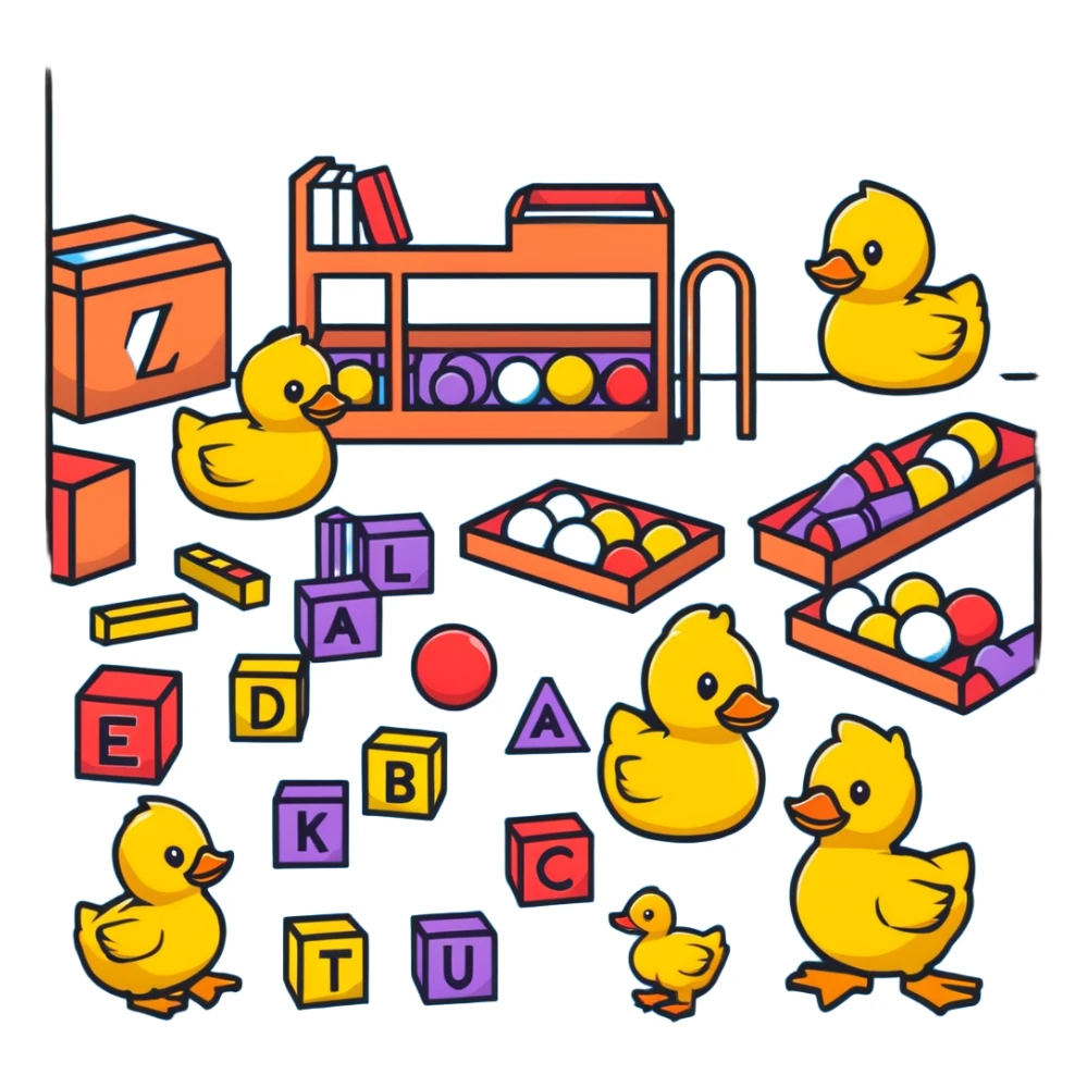 playroom floor with scattered toys - plush teddy, rubber duck, alphabet blocks, bouncy ball, action figures sticker