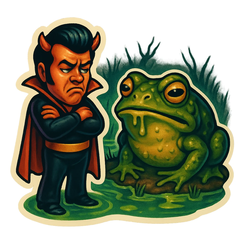 Retro sticker style with no borders on stickers. Helvis character with a short cape and very tiny horns, standing in a swamp, looking at a giant slimy toad with a disgusted expression, arms crossed. Grim vibe maintained. sticker