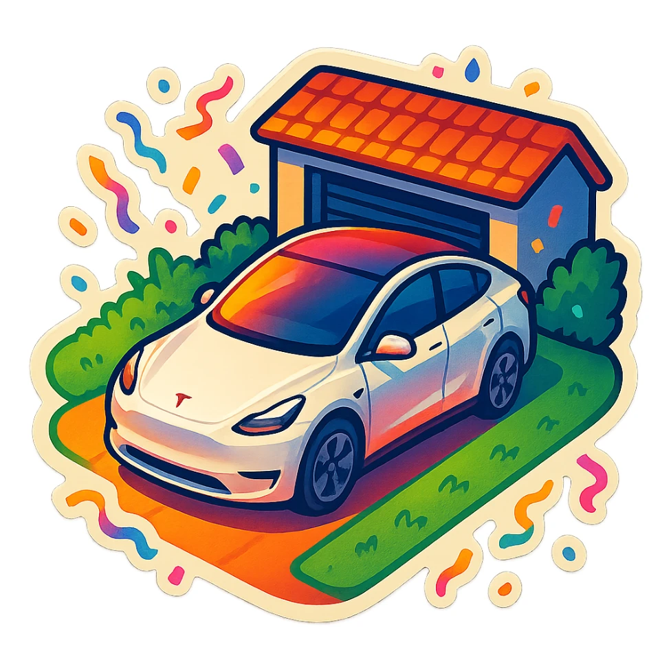 A Tesla Model Y parking in a home driveway with grass on the sides, from above, with confetti sticker