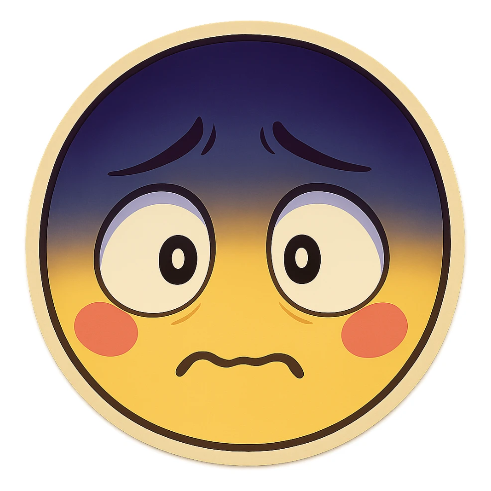 Make the shadow on the upper half much more dramatic and intense, with deep dark blue and purple tones in anime style. Make the face look even more depressed, paranoid, and shadowy, with a trembling frown and wide blank eyes. Keep it minimal, colorful, and emoji-like, no realism or horror. sticker