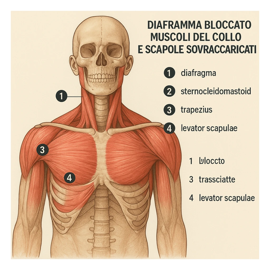 schema anatomico con numeri e legenda, diaframma bloccato, muscoli del collo e scapole sovraccaricati, spiegazione dettagliata in italiano sticker