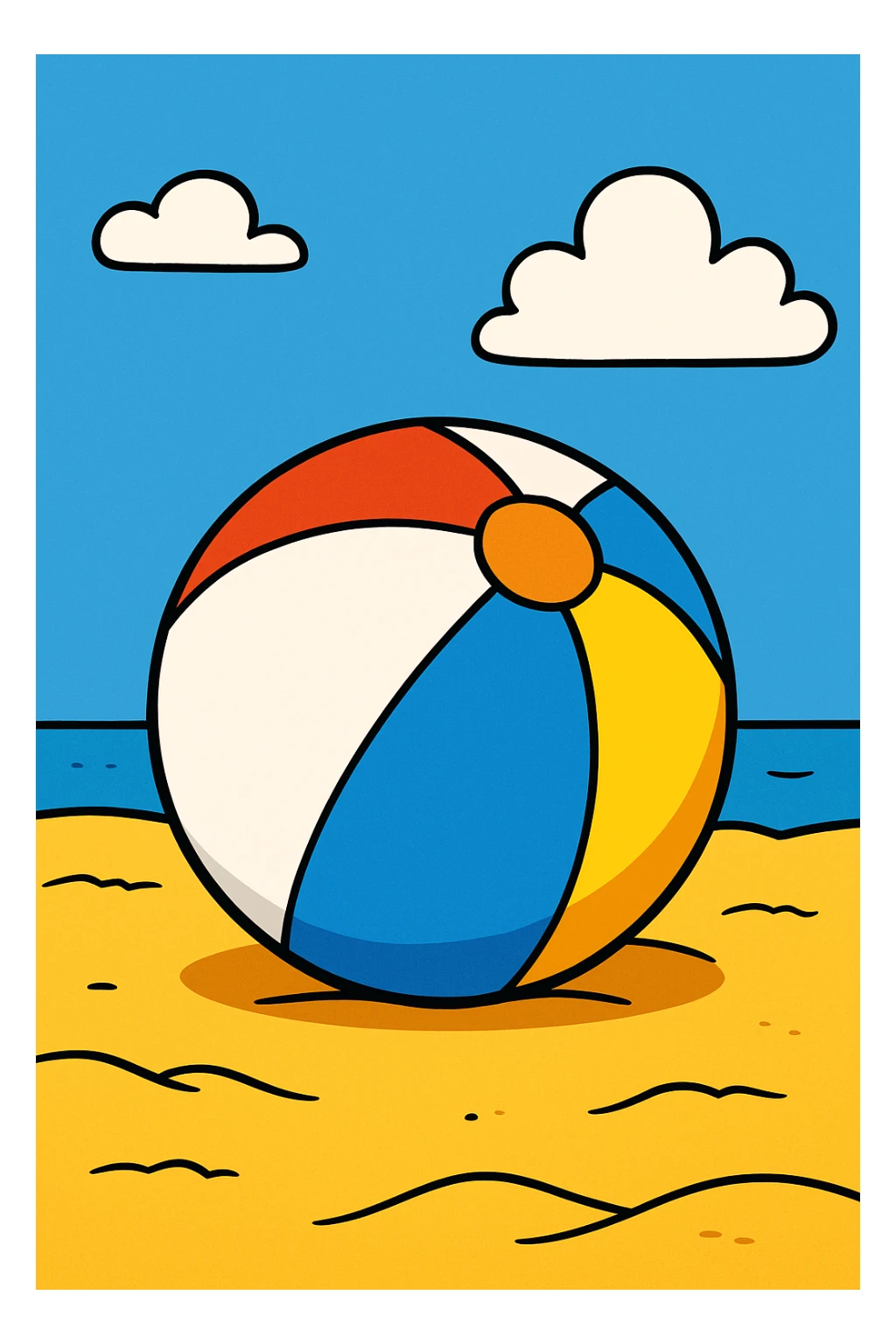 beach ball on sand, blue sky background, cartoon style sticker