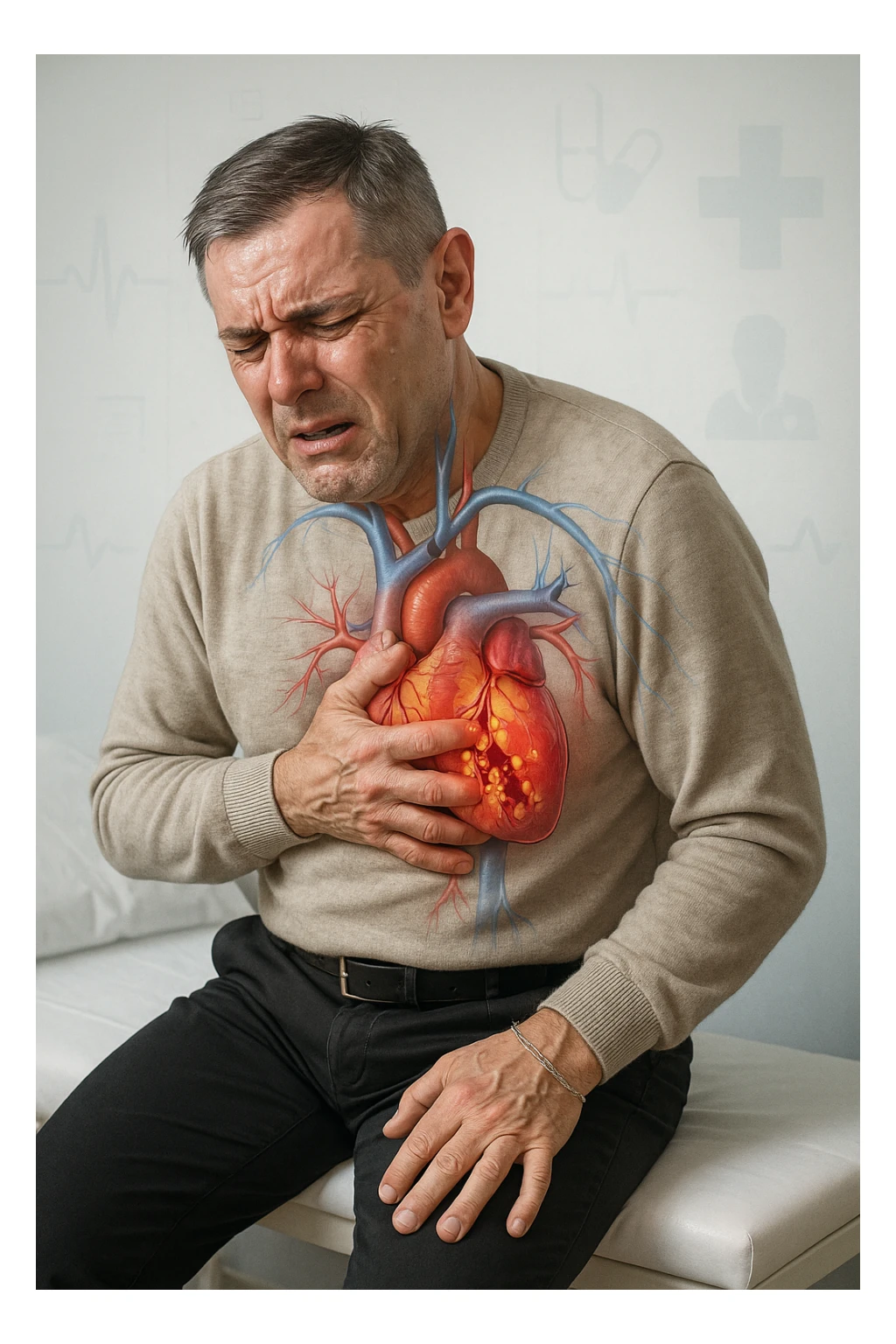 a middle-aged man sits on a bench, clutching his chest with a pained expression. His face is pale and sweaty, and his posture is hunched forward. A transparent overlay reveals his heart and major blood vessels, with highlighted areas indicating blockages or damage. The background is clean and clinical, with subtle medical icons. sticker