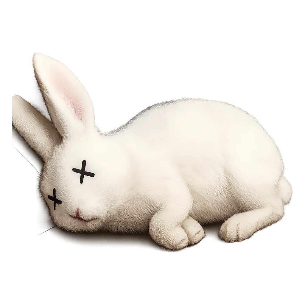 Make the rabbit appear dead, lying on its side with cartoon X's for eyes, no blood, keep the exact same photorealistic style and details, transparent background. sticker