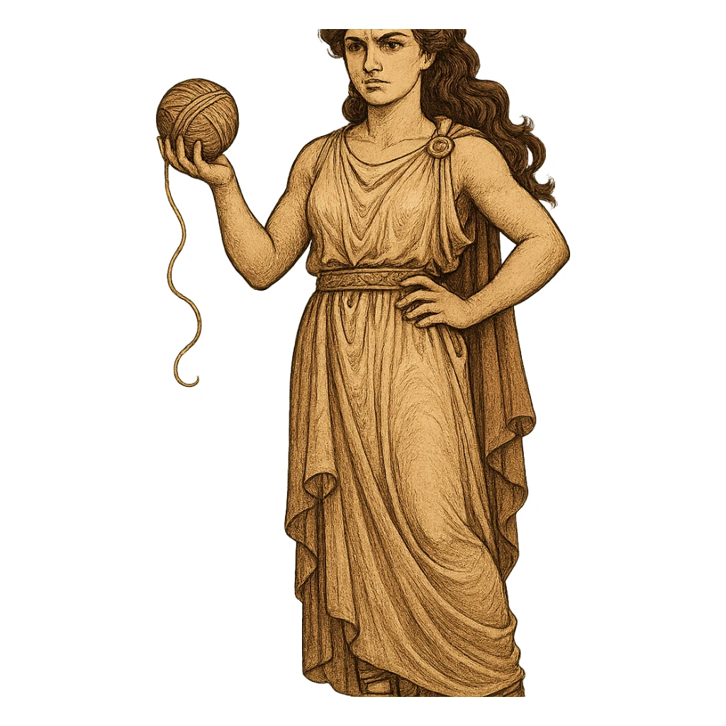 Ariadne from Greek mythology holding a ball of thread, standing confidently, wearing ancient Greek attire, mythological vibe sticker