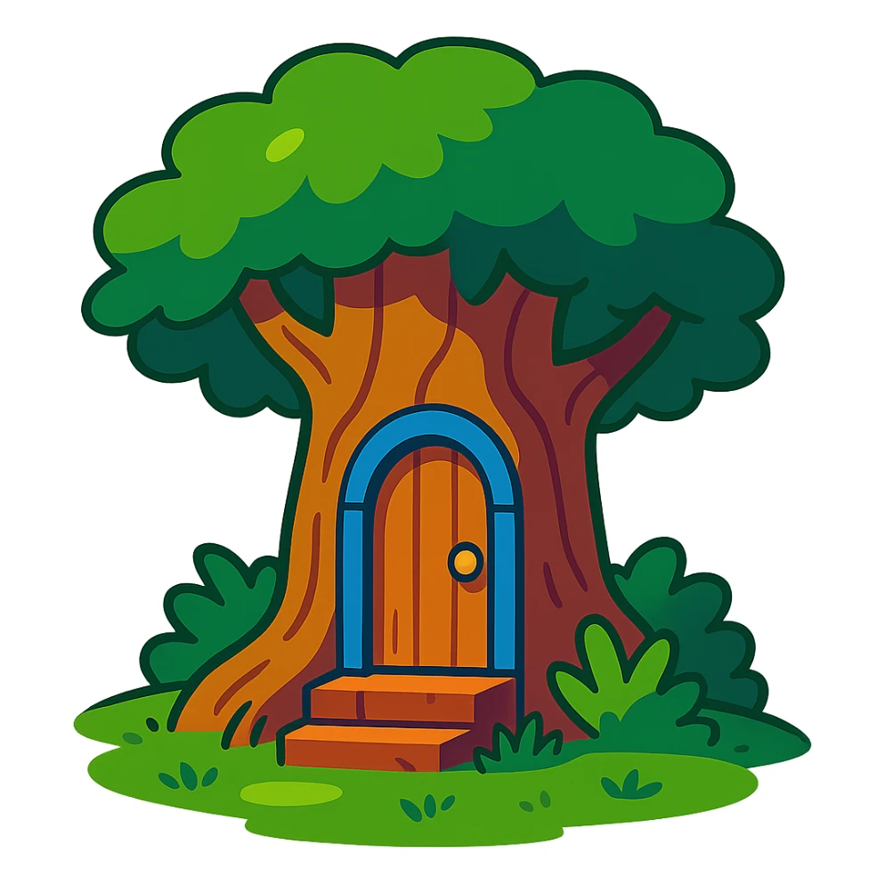 wooden door embedded in a tree, secret forest hideout vibe, vibrant toon style sticker