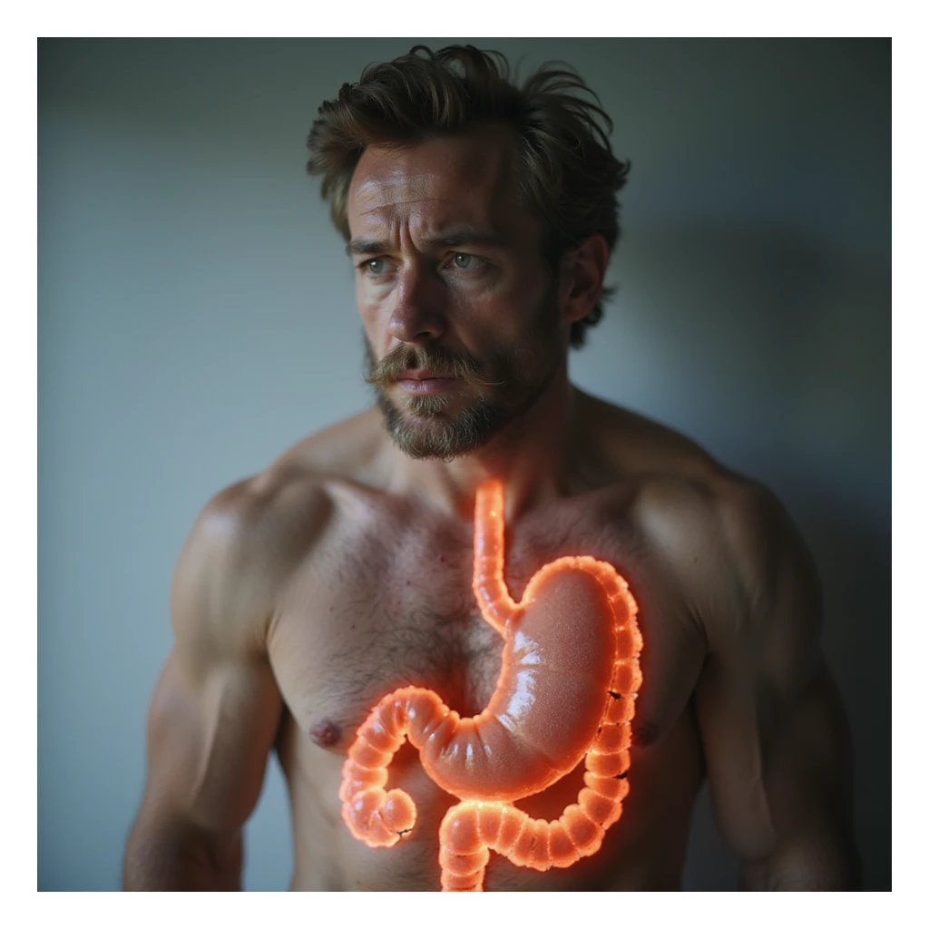 realistic adult man with tired expression, body with transparent inflamed intestine, visible red swollen areas, sugar symbolism as cause, clinical background, 4K quality sticker