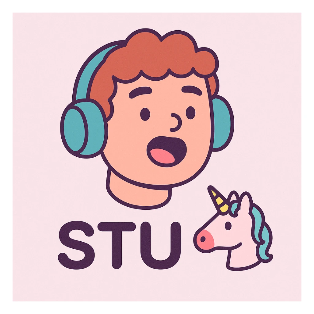 minimalistic Discord emoji with text 'STU 🦄' in sleek rounded font, small cute unicorn icon, pastel color palette sticker