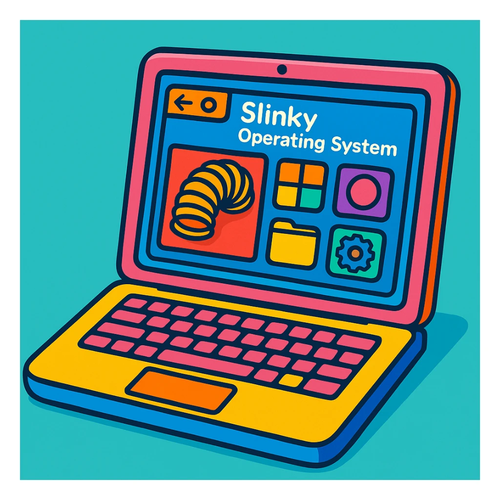 modern laptop displaying Slinky Operating System, fun and colorful sticker