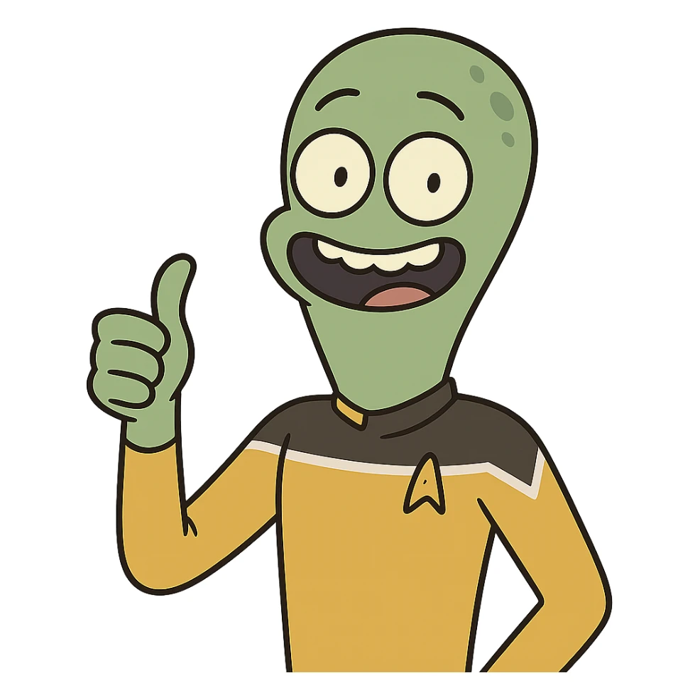 cheerful alien giving thumbs up in a crew uniform, flat toon cartoon style sticker