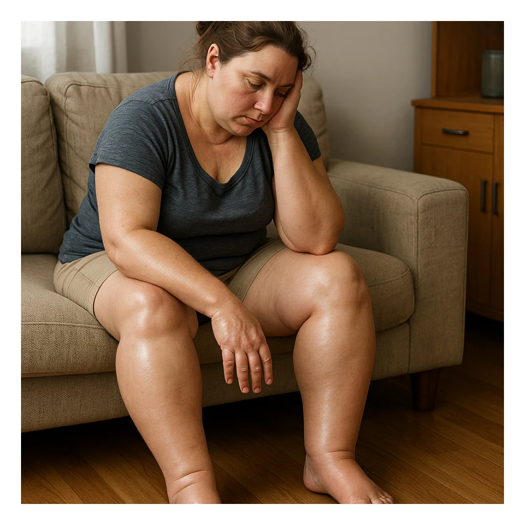 hyperrealistic woman sitting with tired posture, realistic body with swollen and shiny legs and feet, swollen hands, realistic anatomical details, 4K quality, domestic environment sticker