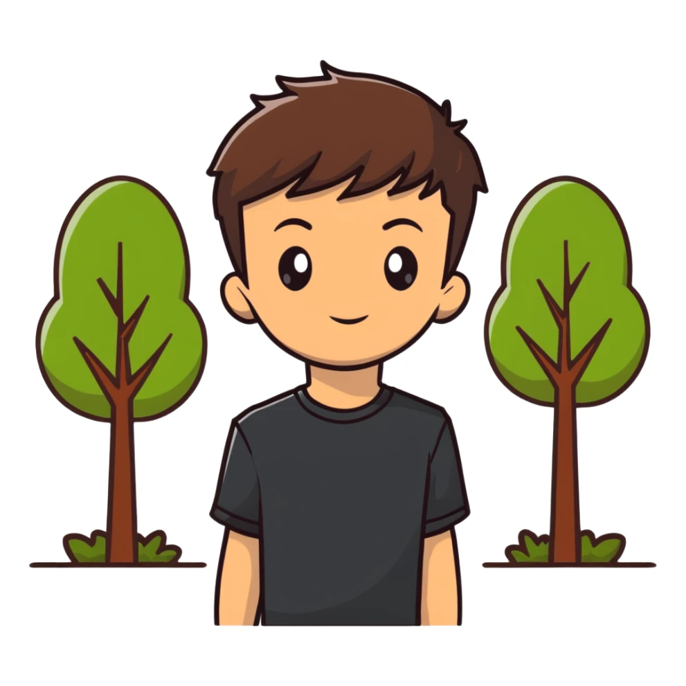boy with straight short brunette hair brown eyes black tshirt on and tree behind sticker