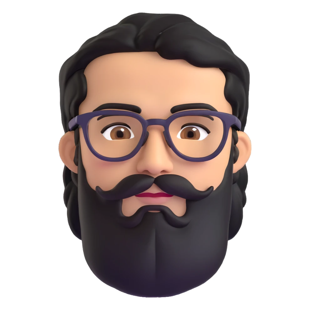 middle eastern man with medium length black beard, black hair, thick connected unibrow, tan skin, brown eyes, wearing glasses sticker