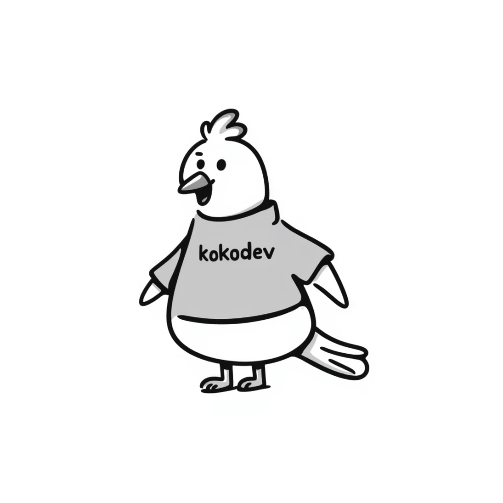 a pigeon wearing a t-shirt with the text 'kokodev' on it, clear and readable, fun and friendly sticker