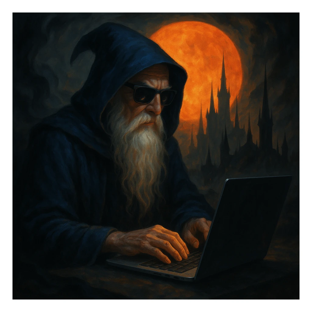 A fantasy wizard with a long white beard and mustache, wearing a deep blue hooded cloak and sleek dark sunglasses, typing on a laptop. The setting features swirling dark mists, a large glowing orange sun or moon in the background, and a gothic city with sharp spires silhouetted against the fiery sky. The color palette contrasts warm orange/yellow with deep blues and blacks, blending ancient mystique with modern technology. sticker