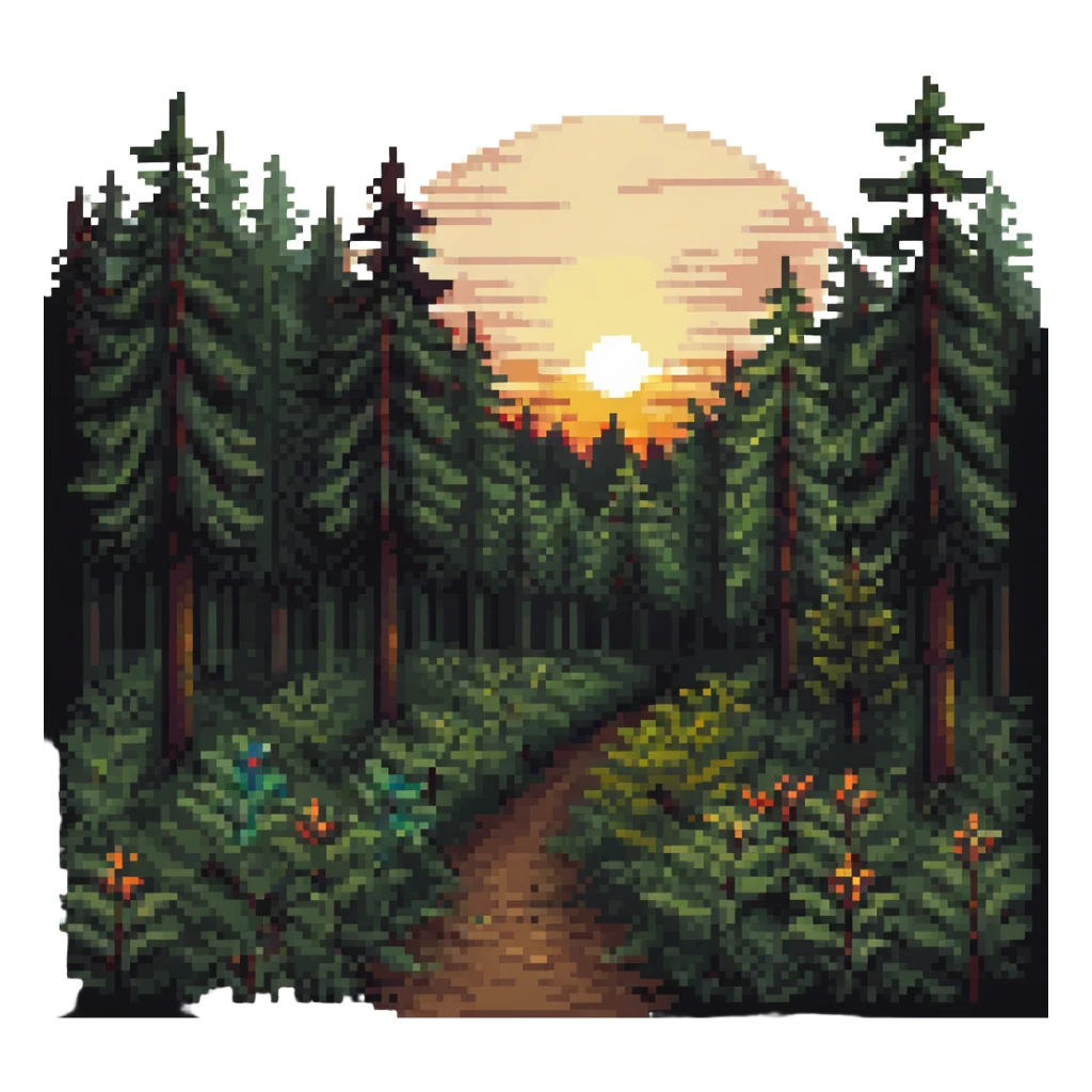 sunrise in a forest clearing, pixel art style sticker