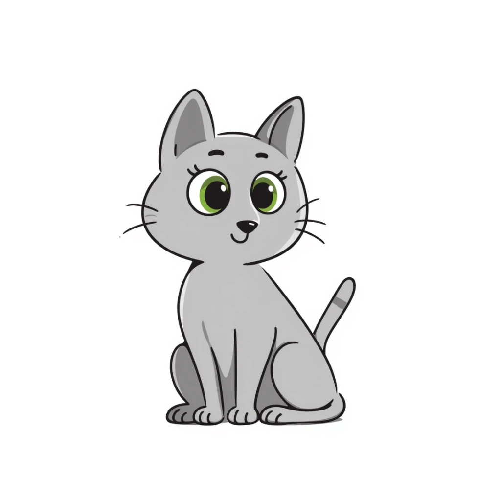 Elegant gray cat with smooth fur, large green eyes, serene attentive expression, sitting facing camera, soft lighting sticker