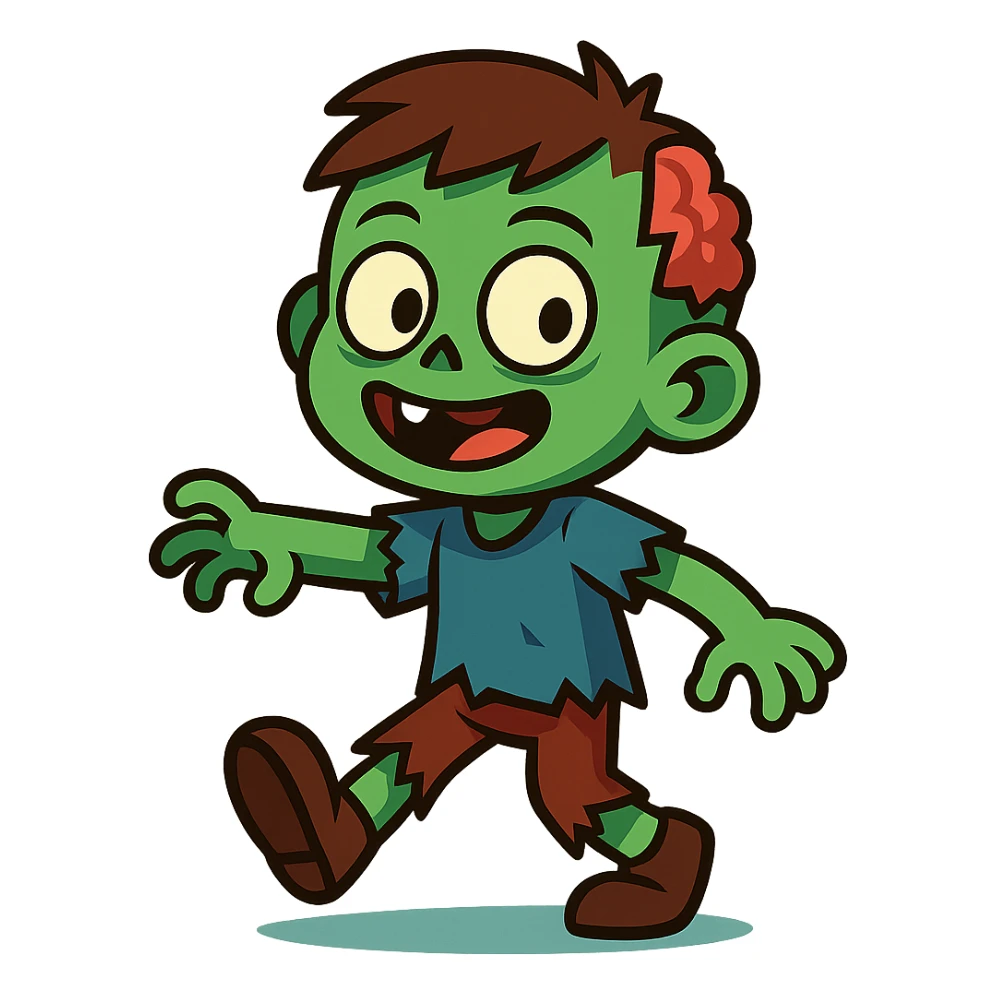 zombie boy, cartoonish, greenish skin, tattered clothes, playful expression sticker