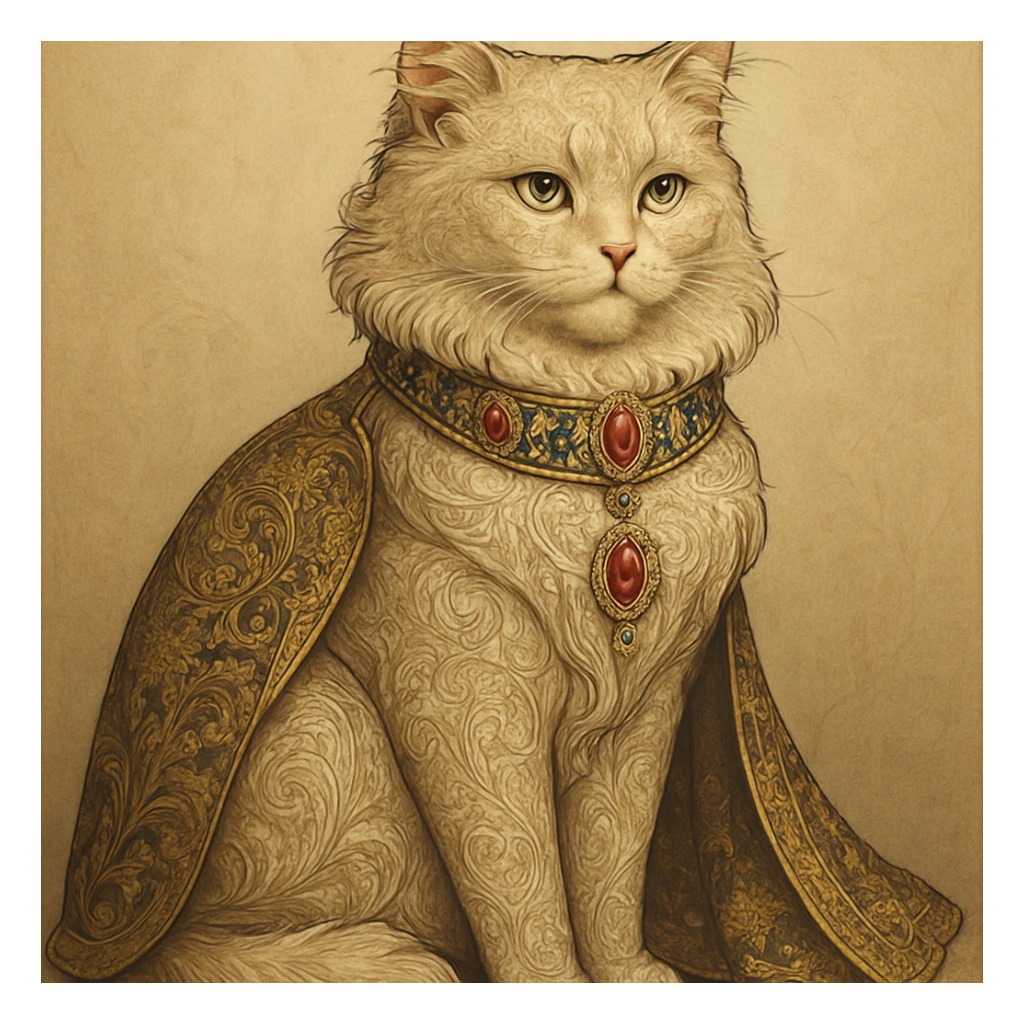 fancy cat, elegant, detailed, intricate patterns, regal pose, luxurious fur, ornate accessories, in a sophisticated style sticker