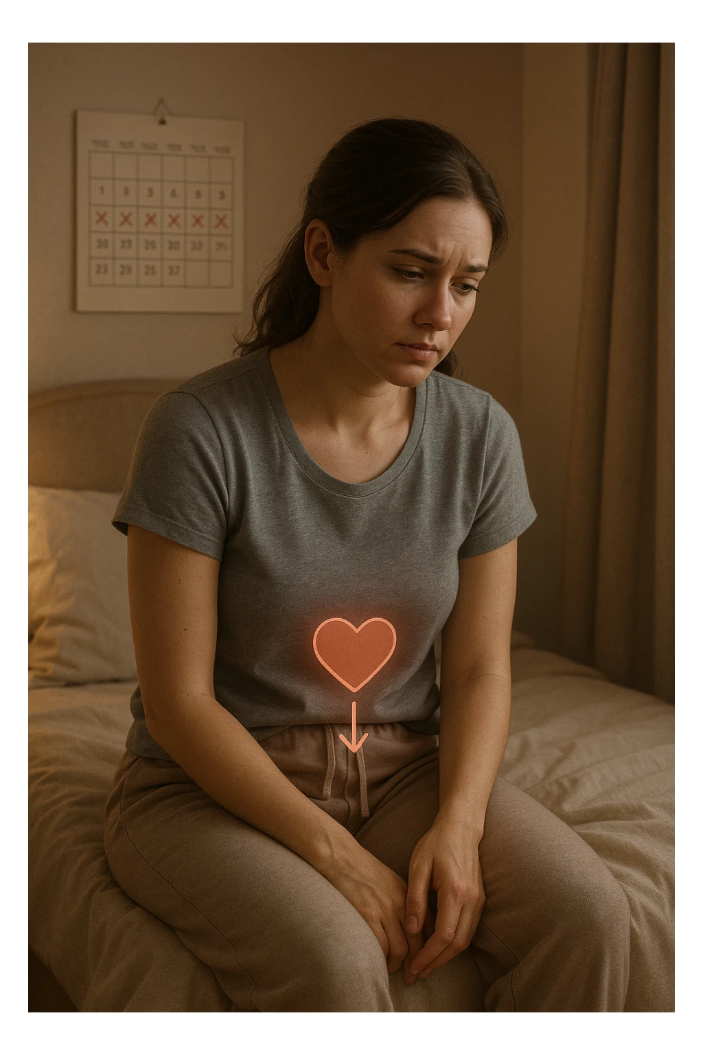 3D realistic medical illustration: a young woman in her 20s or 30s sits on the edge of a bed in a softly lit bedroom, looking thoughtful and slightly concerned. She wears comfortable loungewear, her posture is slouched, and her expression is subdued. Subtle visual cues—such as a faded calendar with missed menstrual cycles and a dimmed heart or energy icon near her abdomen—symbolize low libido and amenorrhea. The scene is realistic, intimate, and empathetic. sticker