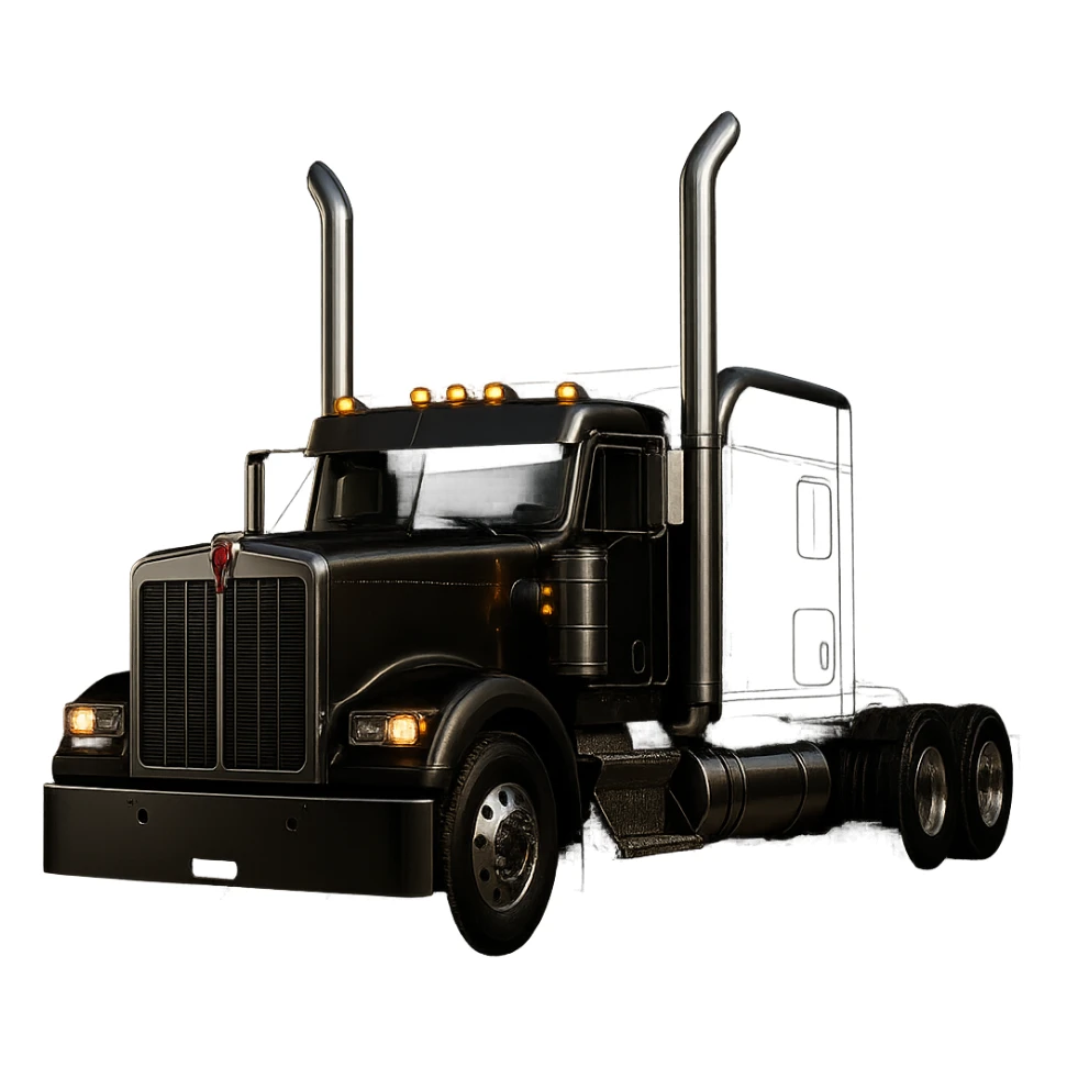 Kenworth W680 flattop black semi sleeper, chrome stacks, dramatic lighting sticker
