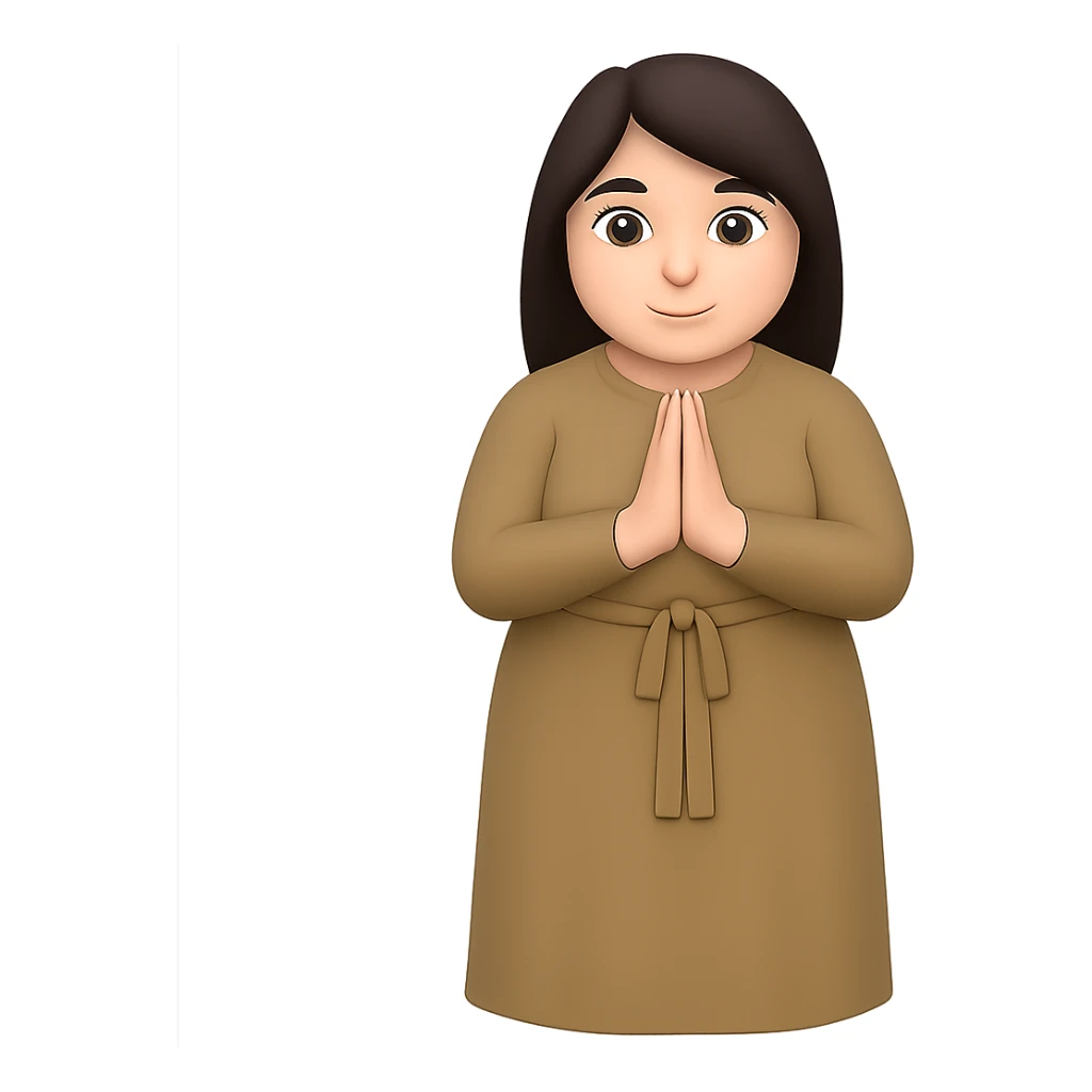 Make the woman a little thicker (not very thin), standing and praying from the front view, wearing a long tan dress, with dark brown hair, in emoji style, with no background. sticker