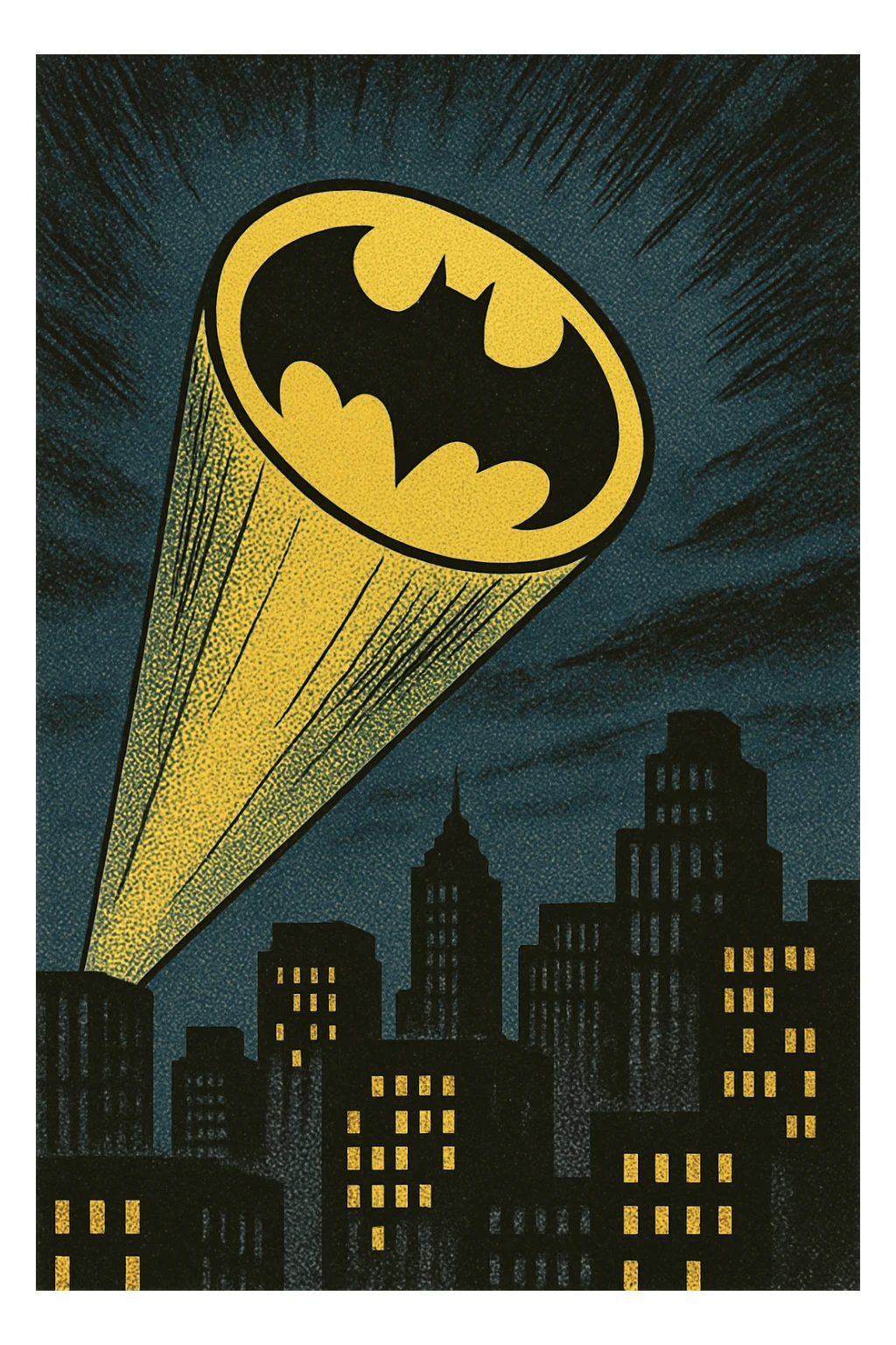 bat signal, comic book style, bold lines, city skyline sticker