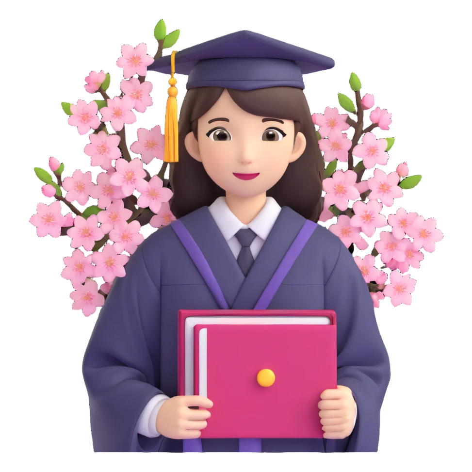 Japanese female high school graduate in school uniform with cherry blossoms and diploma sticker