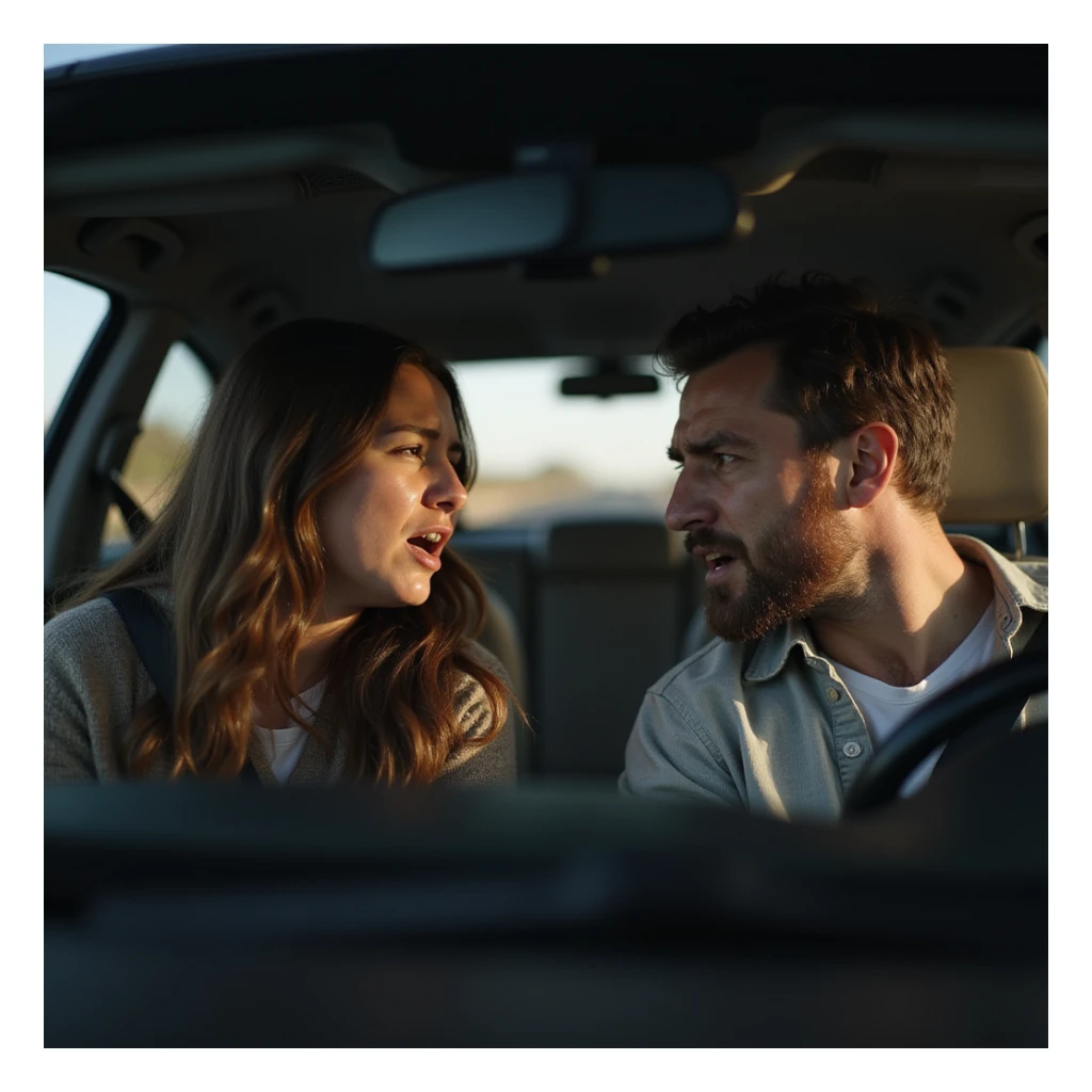 Two people arguing inside a car, heated gestures, angry faces, car interior environment, hyperrealistic details, 4K resolution sticker