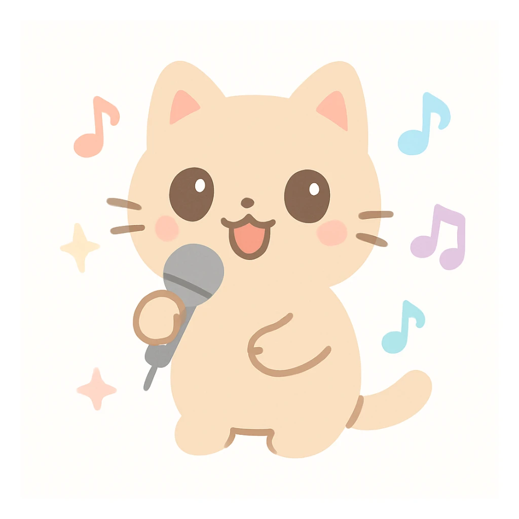 a cat singing into a microphone, musical notes around, cute style sticker