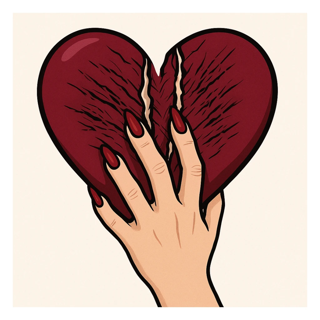 женская рука с маникюром вгоняет когти в винного цвета сердце и сильно раздирает царапает его (пальцы полусогнуты ногти вогнаны в царапины) рисованный стиль, ориентируйся на референсы по стилю и по уровню разодранности серца sticker