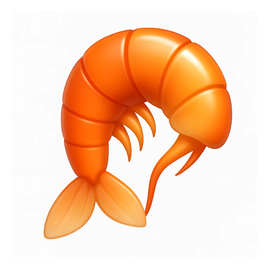 Create a shrimp emoji that looks exactly like the reference image in iOS emoji style. The emoji should have a 3D appearance with shiny, smooth gradients, soft shadows, and a realistic shrimp shape, capturing the classic emoji look. Add a subtle highlight to the shell. sticker