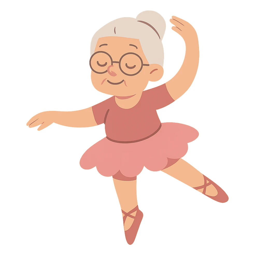 flat toon style grandma in a tutu, doing ballet sticker
