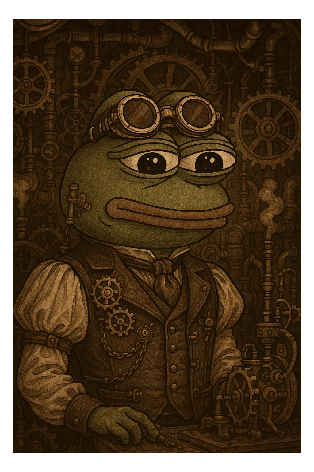 Pepe the Frog as a steampunk inventor, goggles, gears, Victorian outfit sticker
