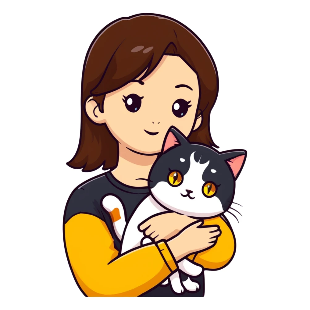 Brown straight-haired girl with black top, white cat with yellow eyes, and calico cat sticker